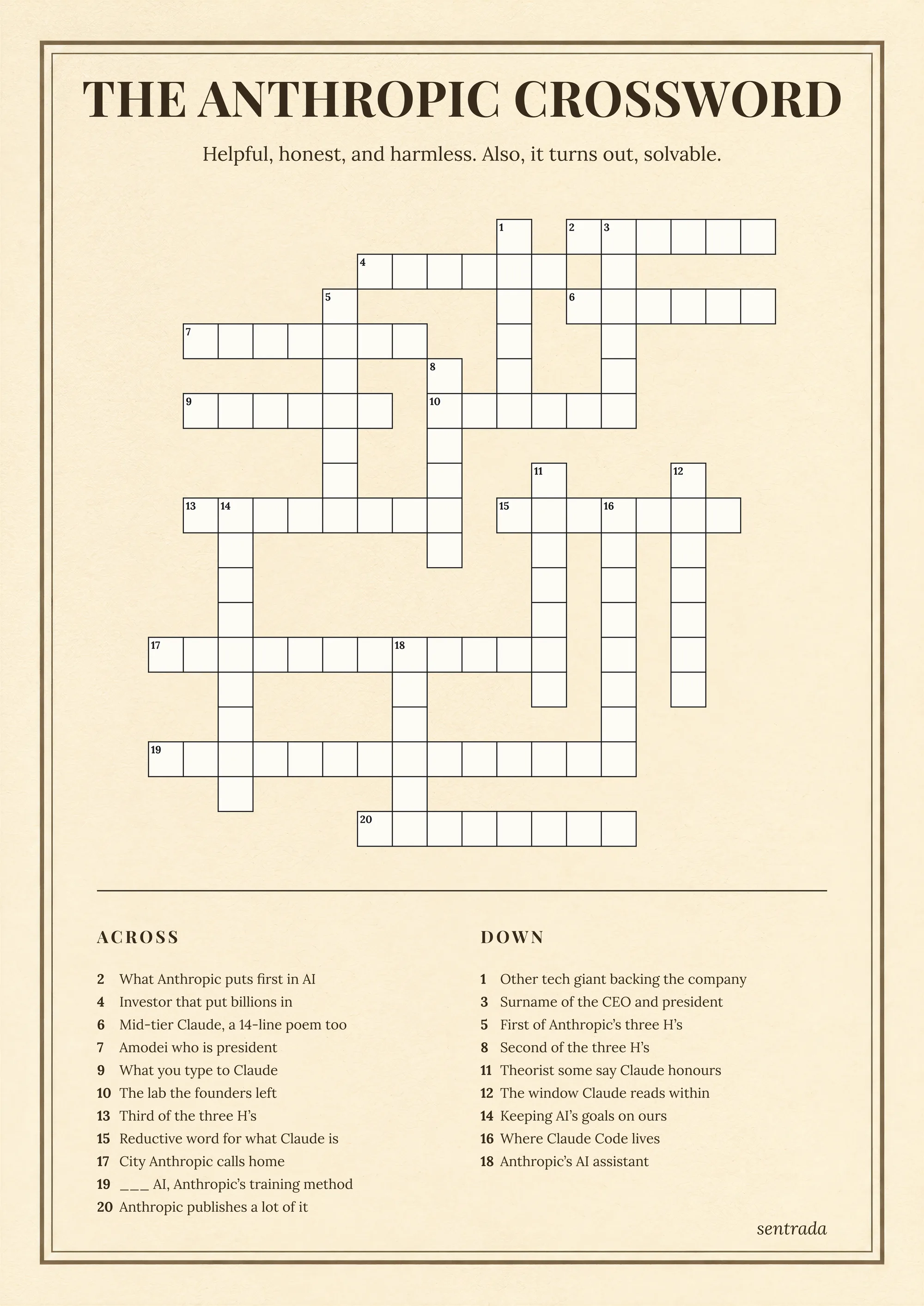The Crossword: a full crossword puzzle built entirely around one recipient, with every clue researched from their company and role.