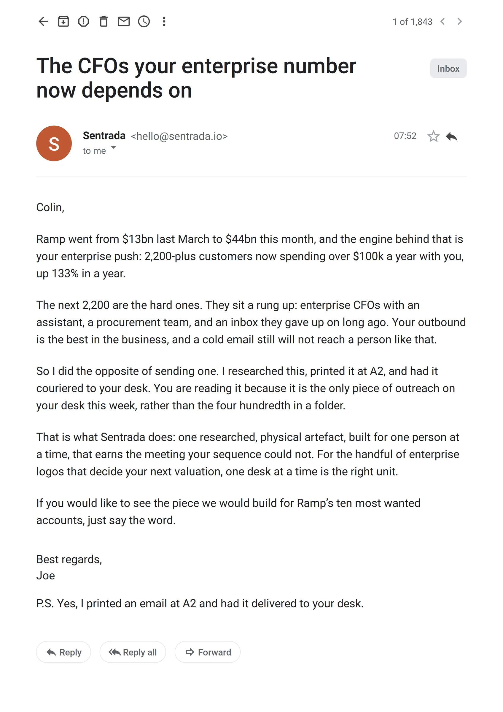 The Email: a cold email blown up to A2 and delivered to the recipient's desk, with a P.S. acknowledging the printed format.