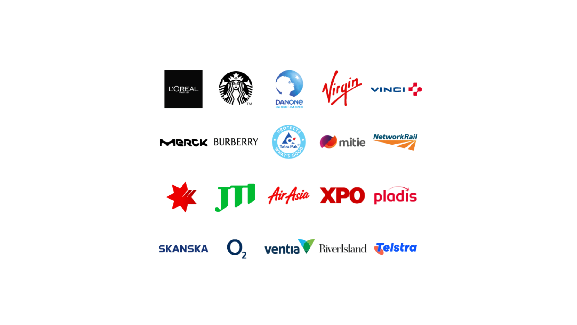 Logos of companies whose CEOs I have personally engaged through cold outreach: L'Oreal, Starbucks, Danone, Virgin, VINCI, Merck, Burberry, Tetra Pak, Mitie, Network Rail, NAB, JTI, AirAsia, XPO, Pladis, Skanska, O2, Ventia, River Island, Telstra