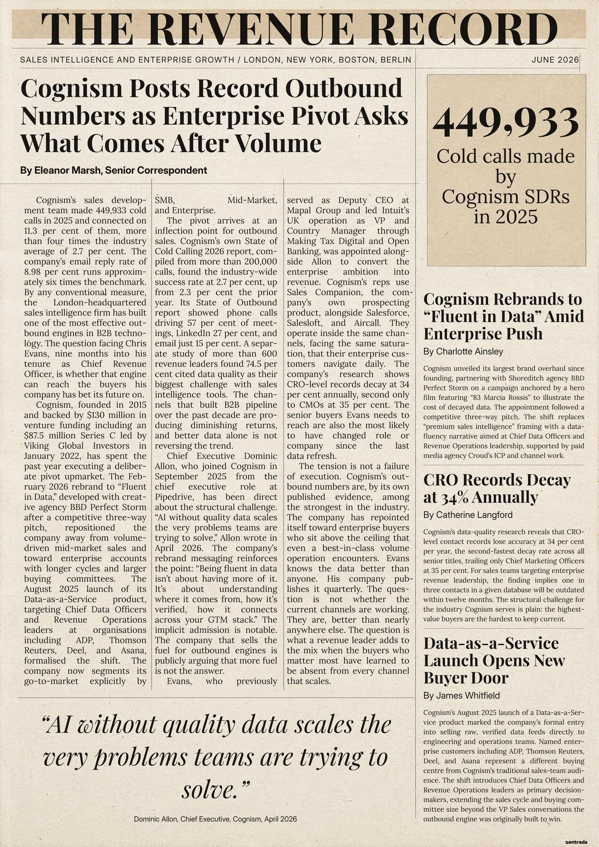 The Front Page: a newspaper front page written and designed for one person, with their company as the headline.