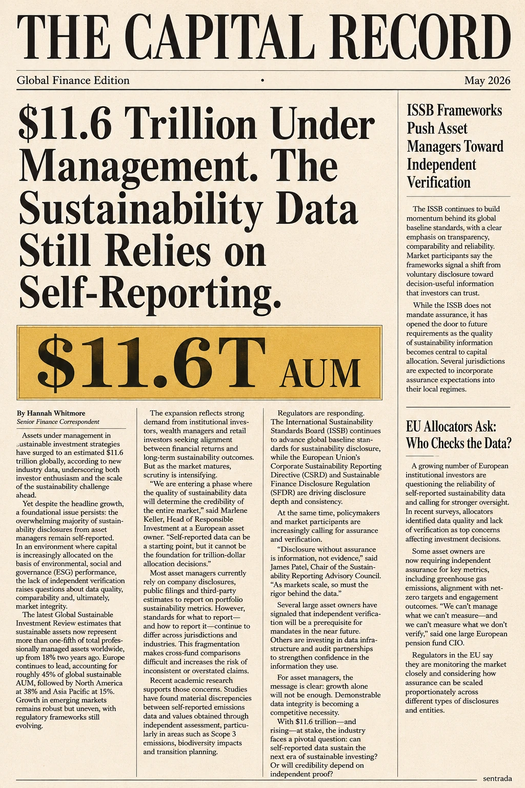 Newspaper Front Page: a full broadsheet front page written and designed for one prospect.
